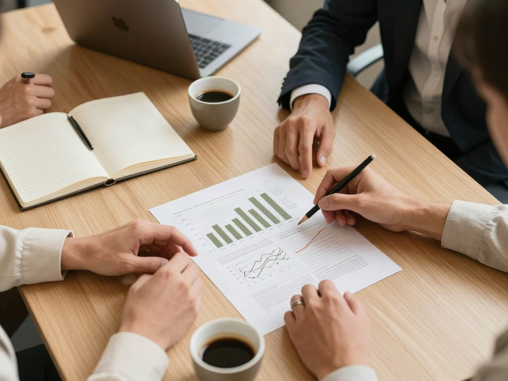 Consultants collaboratively reviewing printed business analytics and performance charts at a meeting table